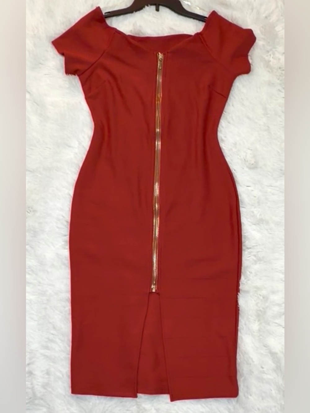Haute Monde Dark/Burnt Orange Color Midi Dress with Front Gold Zipper and split.